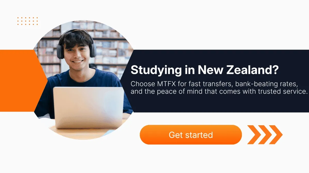 Student smiling while using a laptop, with text promoting MTFX services for Canadians studying in New Zealand—highlighting fast transfers, competitive exchange rates, and trusted service—alongside a 'Get started' button.