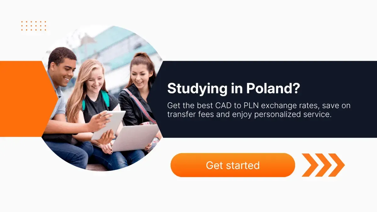 Three international students sitting together with a tablet and laptop, promoting CAD to PLN tuition transfers for Canadians studying in Poland with MTFX.