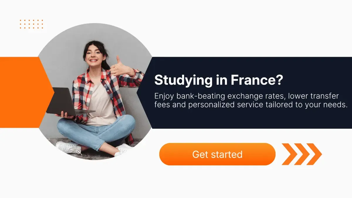 Smiling student with laptop giving thumbs-up. Text: "Studying in France? Get great exchange rates, low fees, and personalized service."