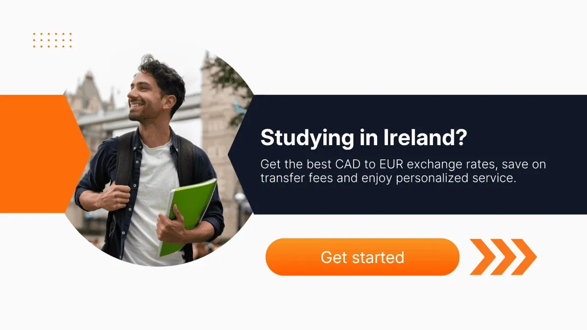Smiling student holding a green notebook and wearing a backpack, with promotional text about CAD to EUR tuition transfers for Canadians studying in Ireland using MTFX.