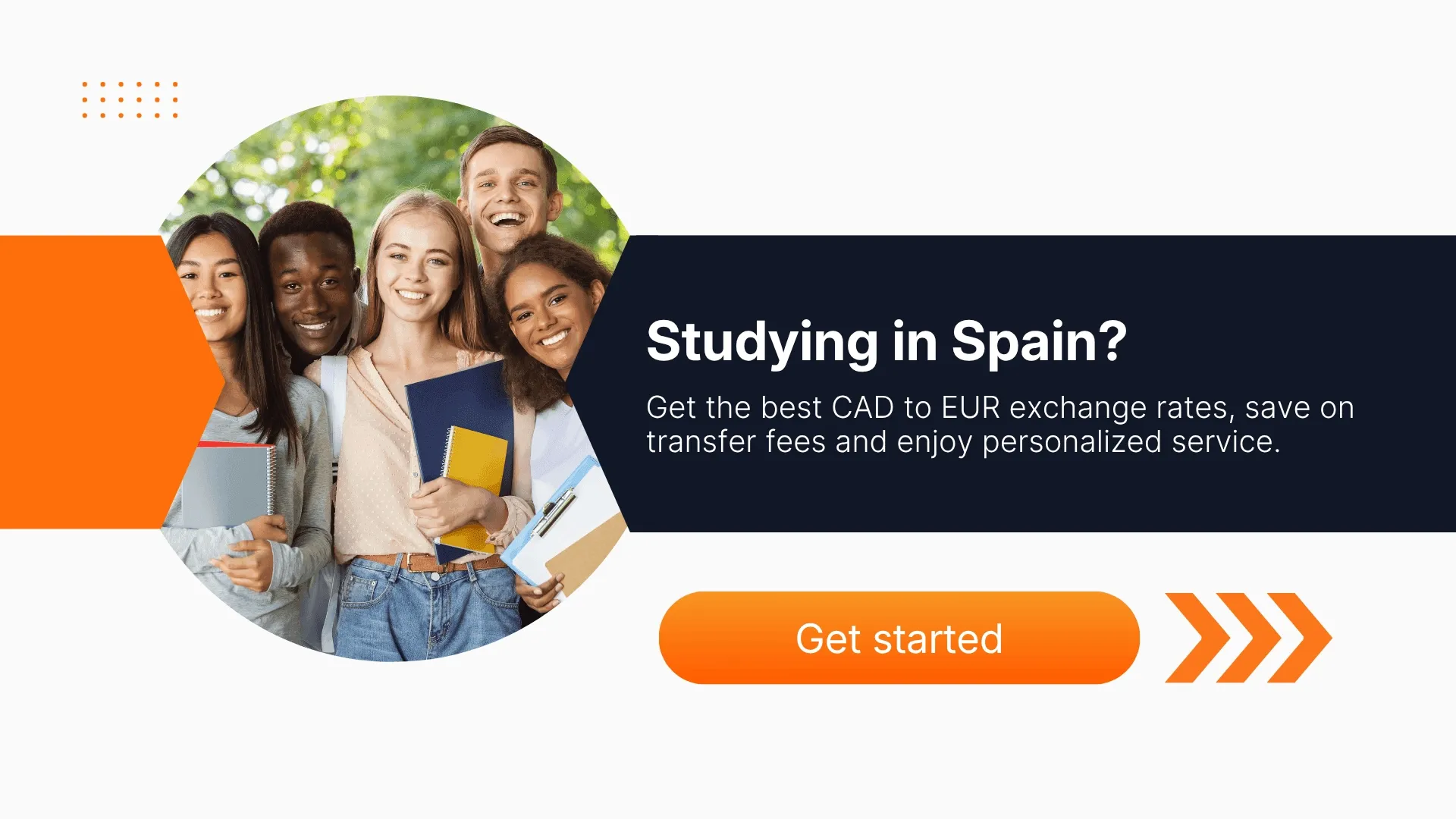 Group of diverse, smiling students holding books, promoting CAD to EUR tuition transfers for Canadian students studying in Spain with MTFX.