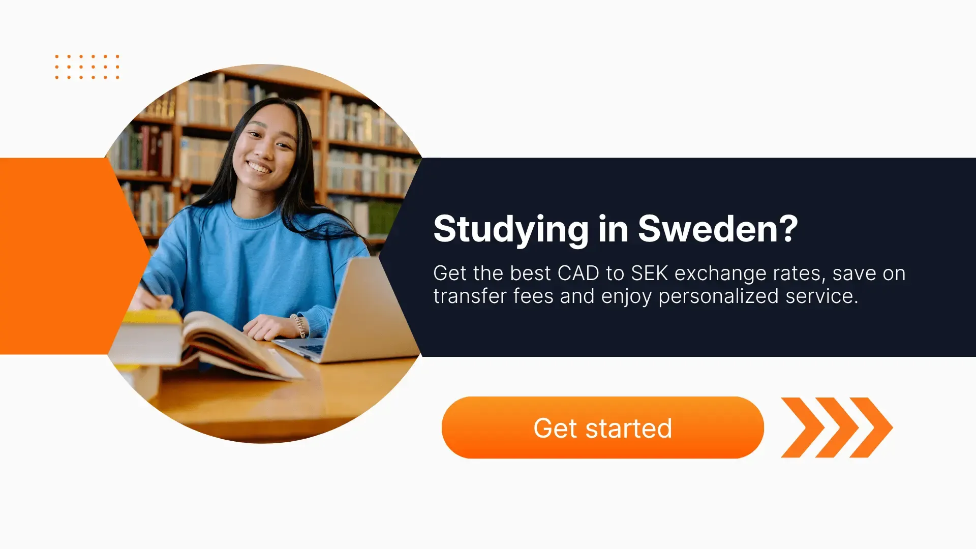 Smiling student with laptop in library exploring study abroad options in Sweden with MTFX.