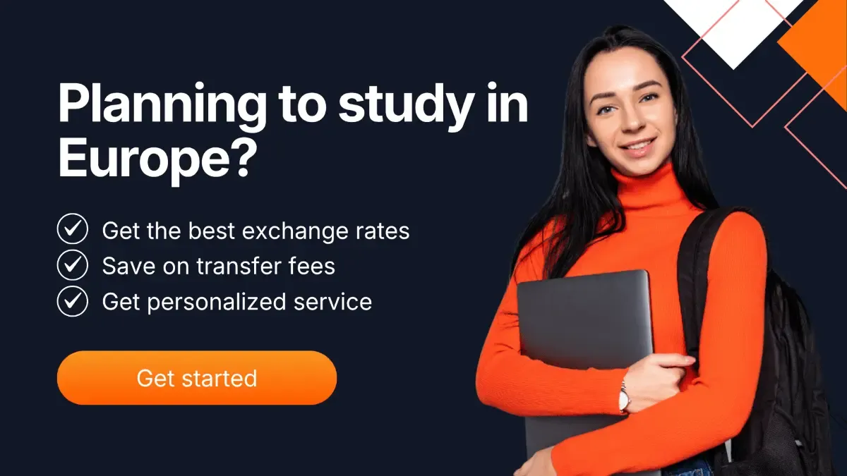 Student standing with books in hand, with text promoting MTFX services for Canadians studying in Europe—highlighting fast transfers, competitive exchange rates, and trusted service—alongside a 'Get started' button.