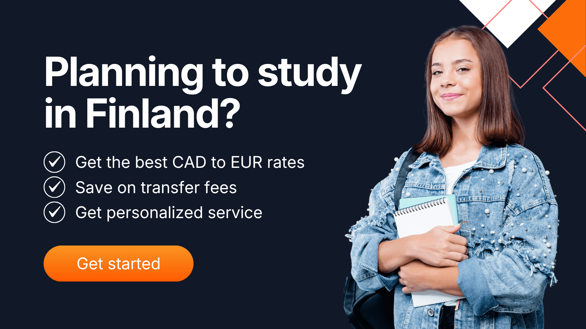 Smiling student holding notebooks next to text promoting studying in Finland with MTFX and benefits like better CAD to EUR rates and low fees.