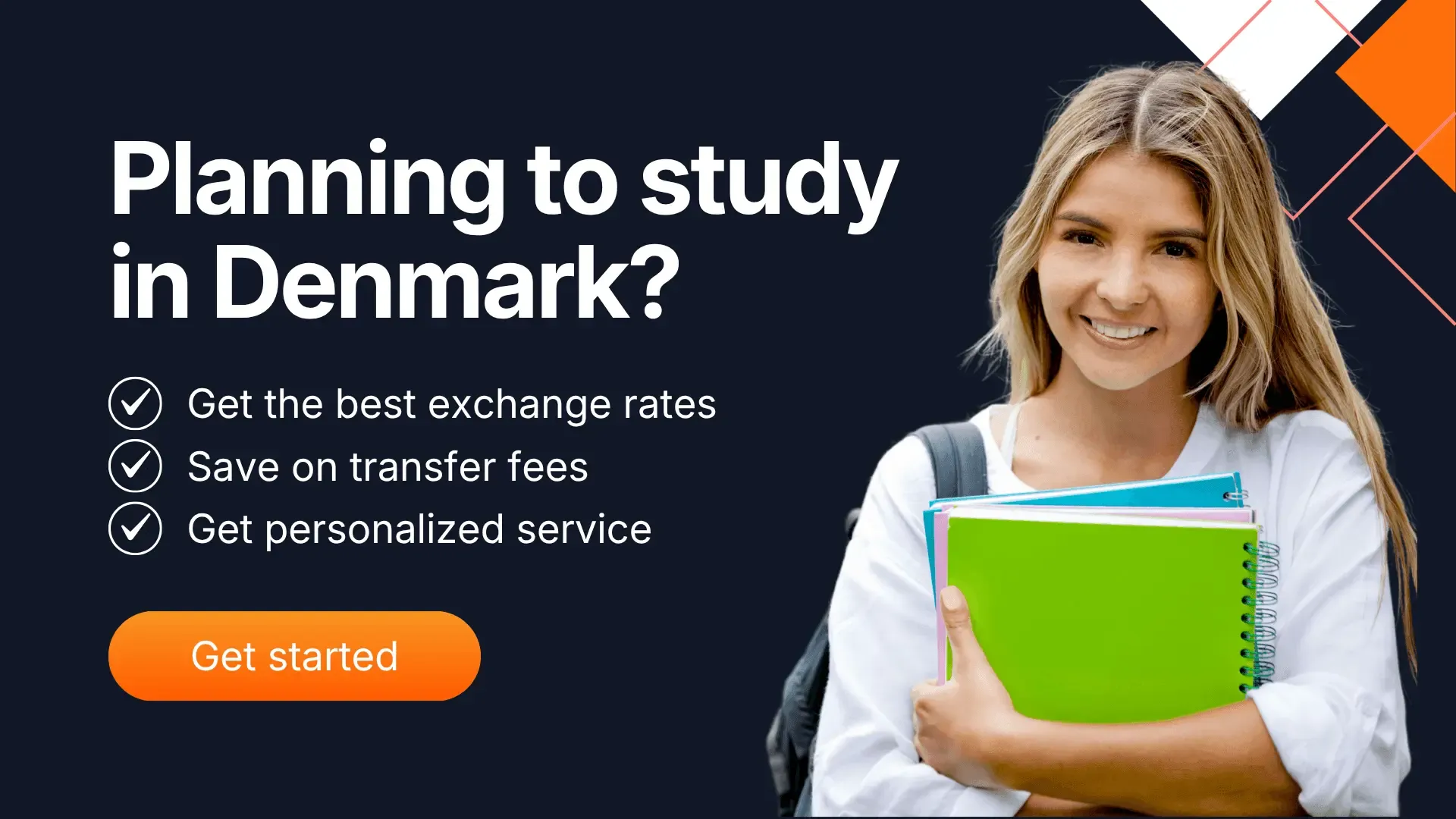 Canadian student planning to study in Denmark holding colorful notebooks, with messaging promoting MTFX benefits like best exchange rates, low transfer fees, and personalized service for tuition payments.