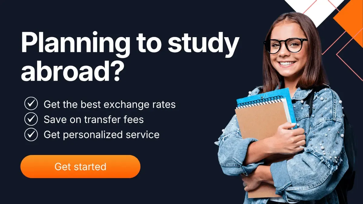 Promotional banner featuring a smiling student holding notebooks with text encouraging students to study abroad—highlighting MTFX’s benefits like better exchange rates, lower transfer fees, and personalized tuition payment solutions.