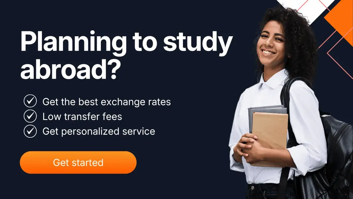 Smiling student holding books next to a promotional banner encouraging students to study abroad with MTFX, highlighting benefits like better exchange rates, low transfer fees, and personalized support for tuition payments.