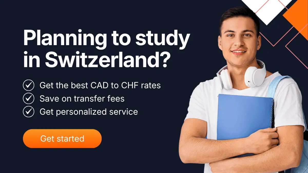 Smiling student holding a notebook next to a banner promoting MTFX’s services for Canadians planning to study in Switzerland, emphasizing best CAD to CHF exchange rates, lower transfer fees, and personalized support for tuition payments abroad.