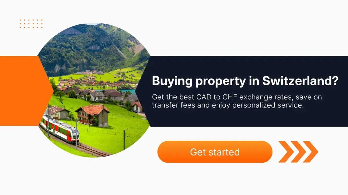 Scenic view of a Swiss village surrounded by green mountains, with a red and white train passing by, alongside text encouraging buying property in Switzerland with competitive CAD to CHF exchange rates and lower fees.