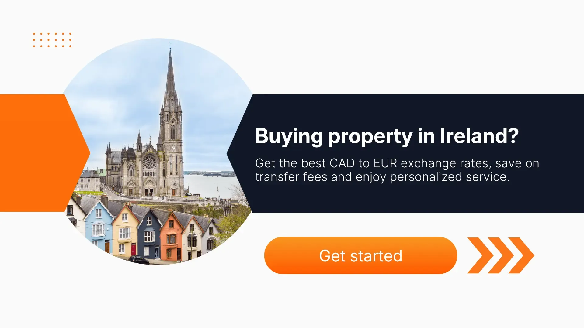 Colorful houses and the tall spire of St. Colman’s Cathedral in Cobh, Ireland, with text promoting buying property in Ireland and getting the best CAD to EUR exchange rates, low transfer fees, and personalized service.