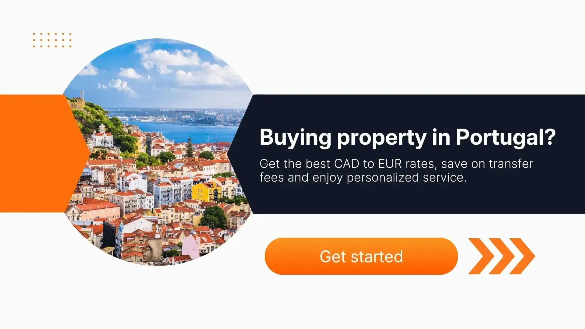 Colorful cityscape of Lisbon, Portugal, with red-roofed buildings and the Tagus River in the background, promoting buying property in Portugal with competitive CAD to EUR exchange rates and personalized service.