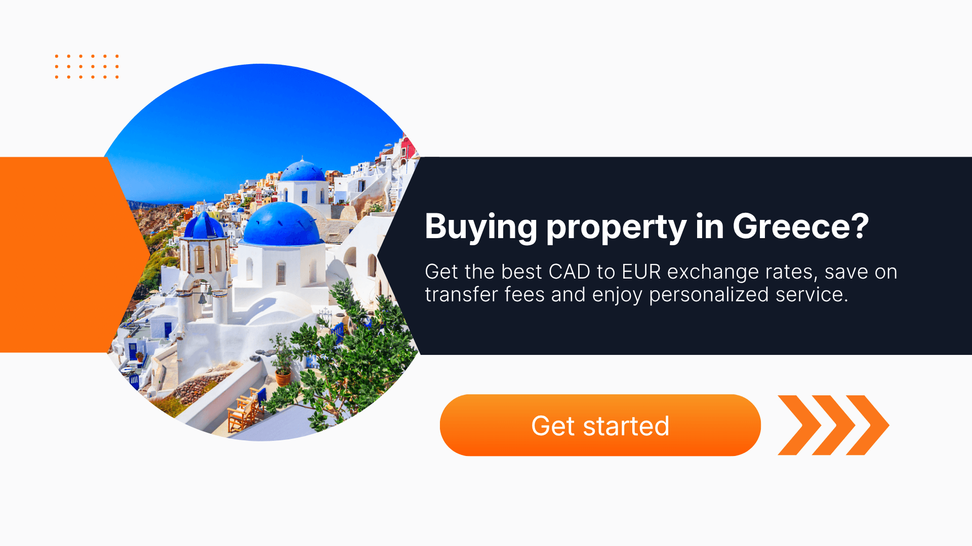 Scenic view of Santorini’s iconic whitewashed buildings and blue domes overlooking the Aegean Sea under a bright blue sky. Canadians interested in buying property in Greece can benefit from competitive CAD to EUR exchange rates and lower transfer fees with MTFX for smooth real estate transactions.