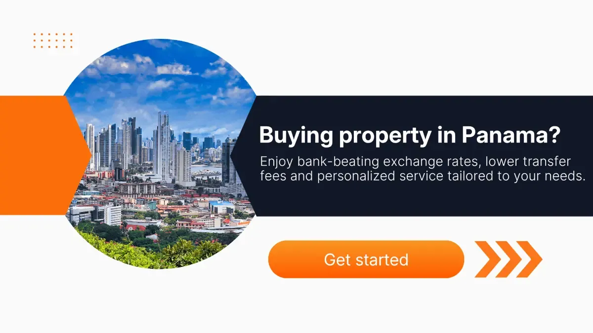 Banner promoting buying property in Panama, showing Panama City skyline with modern high-rise buildings, and text offering better exchange rates, lower transfer fees, and personalized financial services.