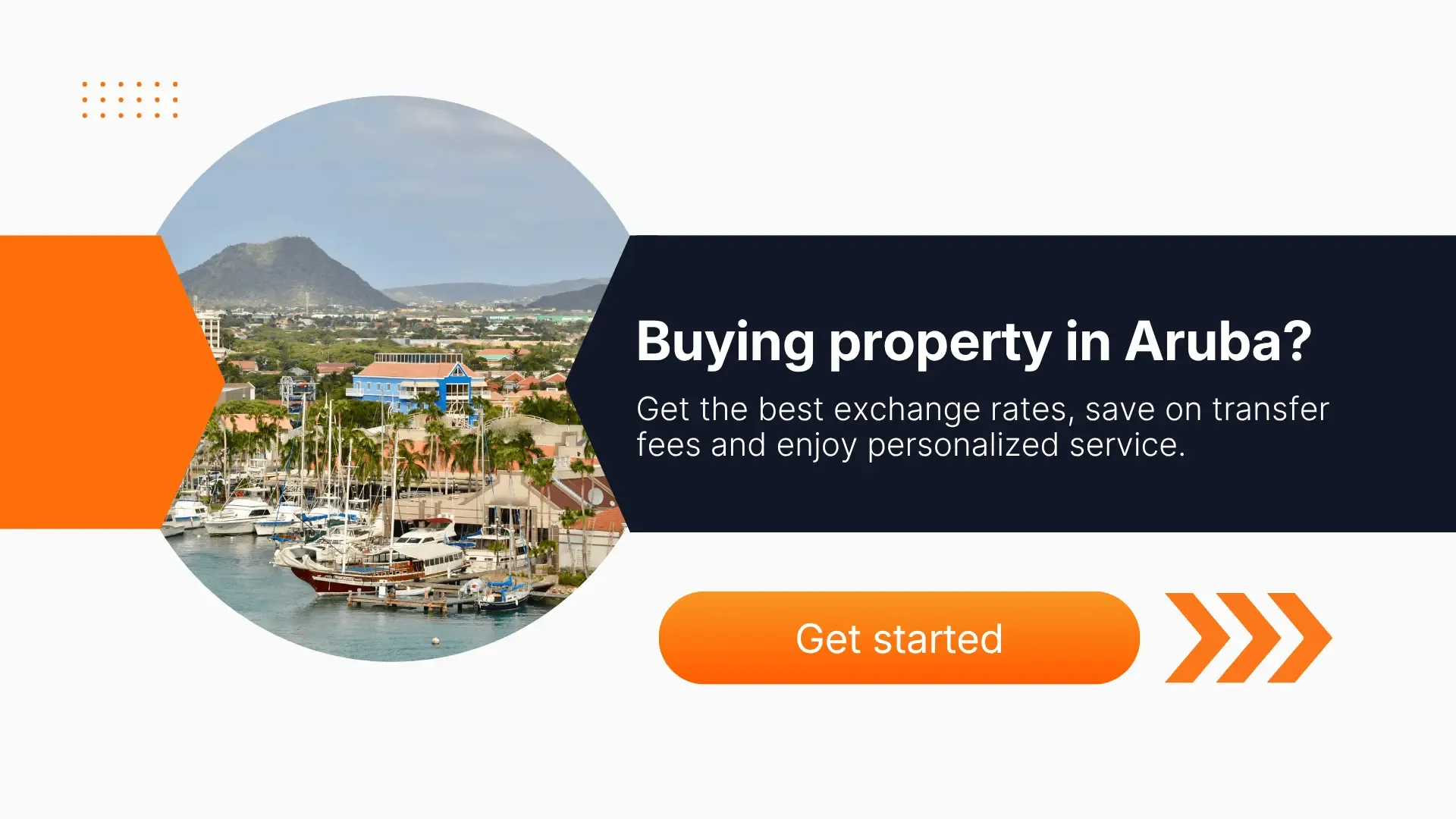 MTFX banner about buying property in Aruba, highlighting best exchange rates, lower transfer fees, and personalized financial services.