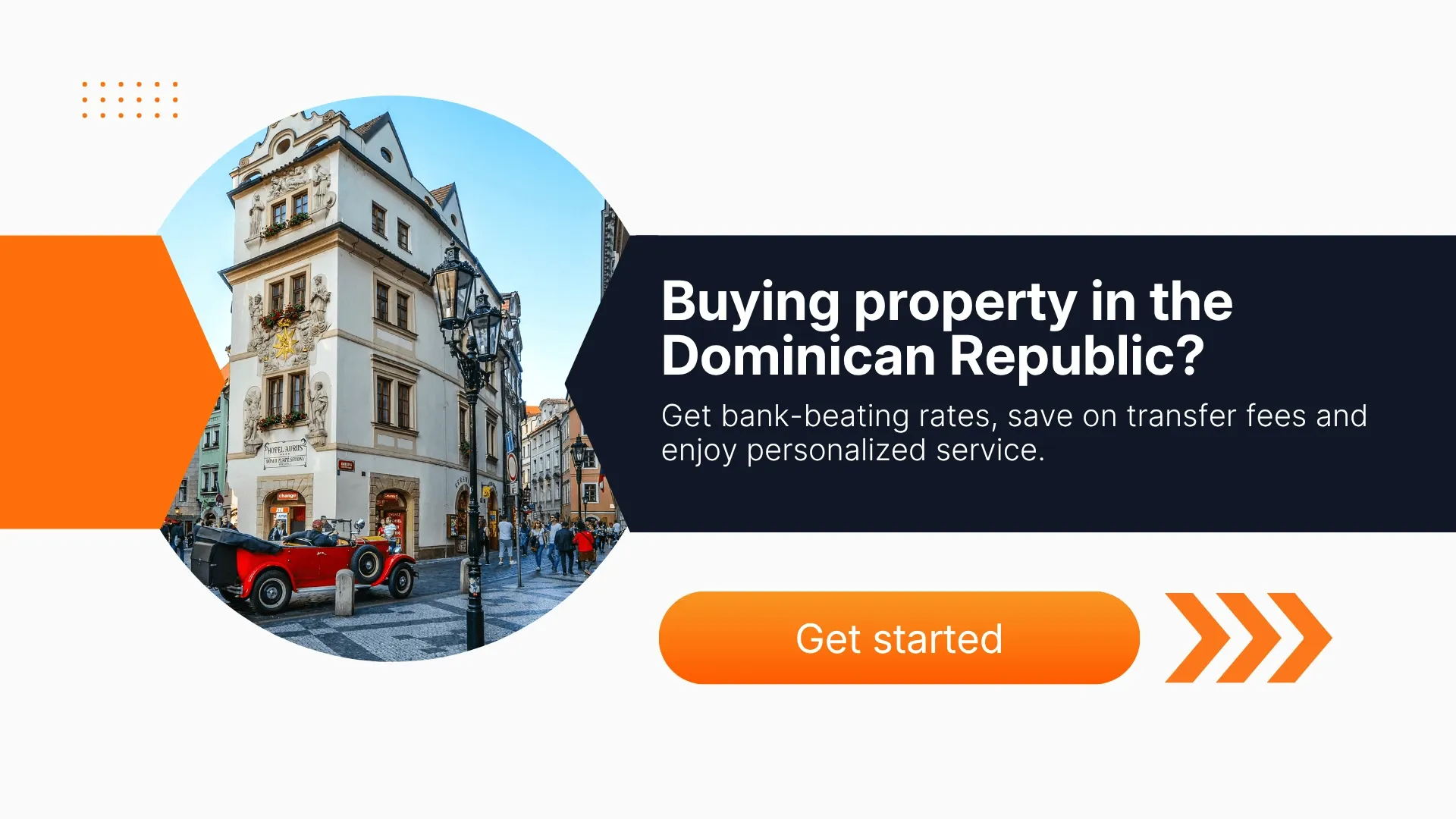 Promotional banner for Canadians buying property in the Dominican Republic, highlighting competitive foreign exchange rates, lower transfer fees, and personalized service for sending money abroad.