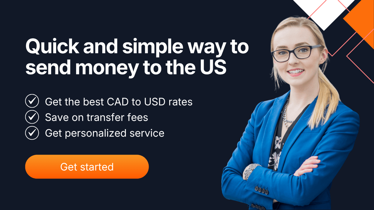 Banner featuring a woman in business attire alongside messaging about fast and secure CAD to USD money transfers, lower FX fees, and personalized currency exchange services for sending money to the US.