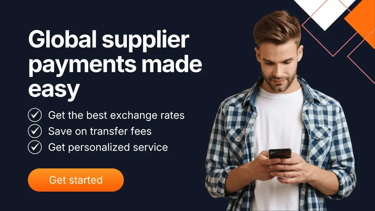 Man using phone for international supplier payments with MTFX; banner promotes best exchange rates, low transfer fees, and personalized FX services for global businesses.