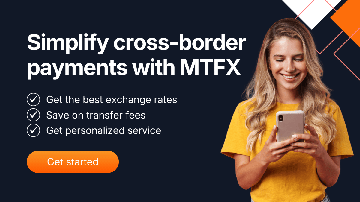 Woman using a smartphone with text promoting MTFX cross-border payments, highlighting benefits like best exchange rates, low transfer fees, and personalized service.
