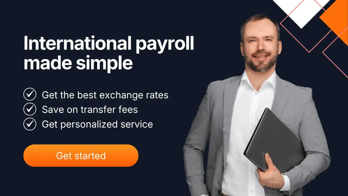 Banner with a professional businessperson promoting MTFX international payroll services with messaging on best FX rates, low transfer fees, and personalized support.