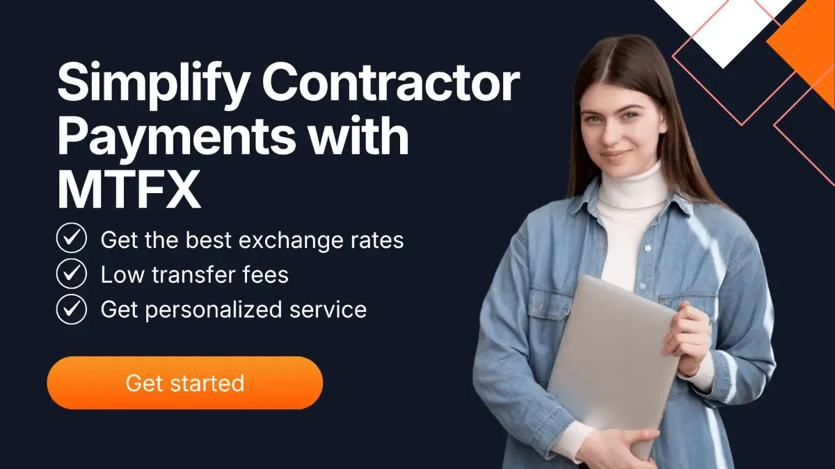 Businesswoman holding a laptop with banner text promoting MTFX for contractor payments, highlighting benefits like best exchange rates, low transfer fees, and personalized FX services.