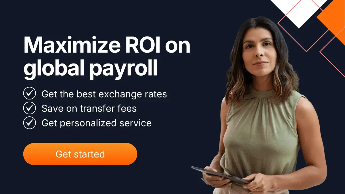 Businesswoman holding a tablet with headline "Maximize ROI on global payroll" promoting MTFX's FX solutions—highlighting better exchange rates, lower transfer fees, and personalized foreign exchange services for international payroll.