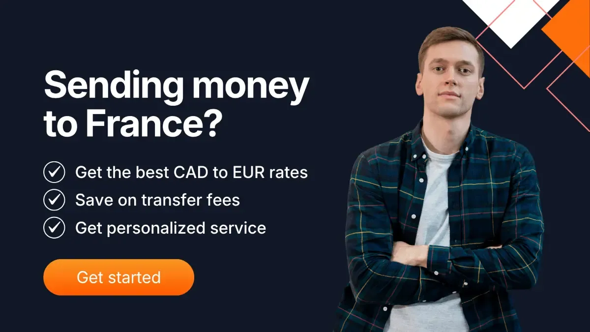 FX-focused banner promoting CAD to EUR currency exchange for sending money to France. Highlights competitive exchange rates, low transfer fees, and personalized FX services with a clear call-to-action to get started.