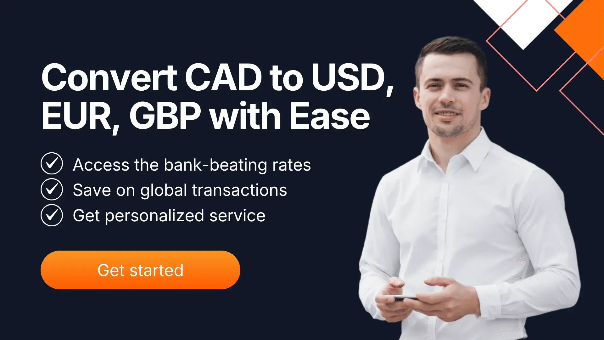 Banner featuring a smiling man in a white shirt beside bold conversion text—advertising MTFX’s competitive CAD to USD, EUR, and GBP exchange services for individuals and businesses.