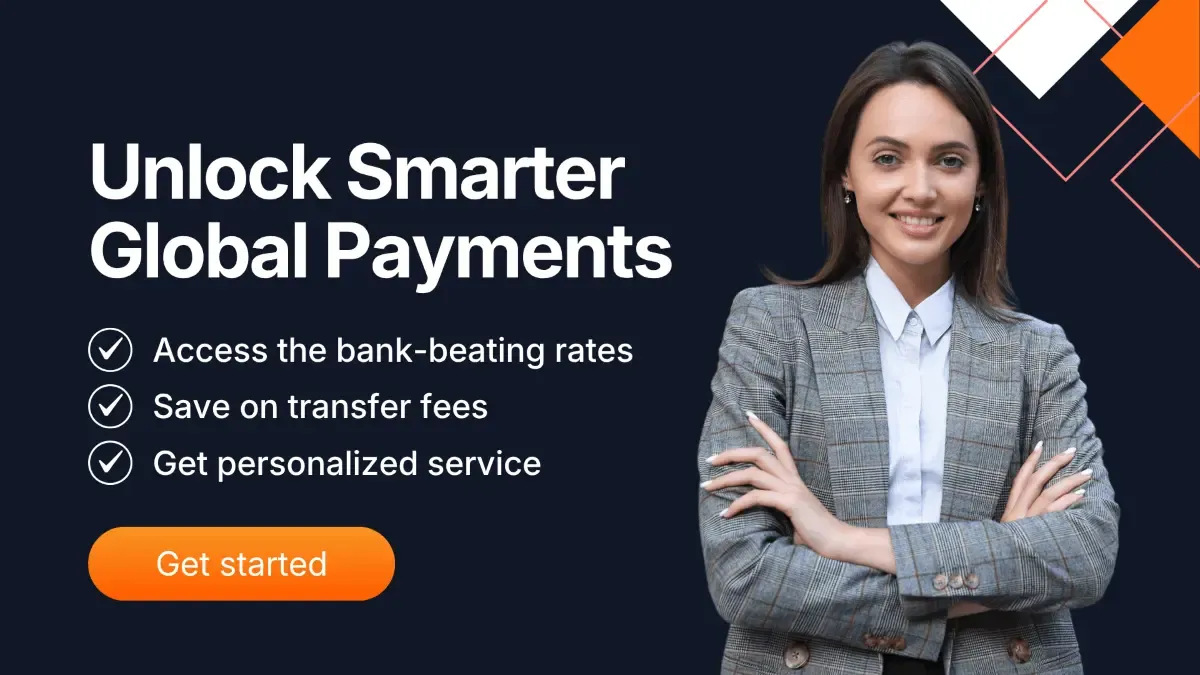Banner showing a confident businesswoman next to the headline “Unlock Smarter Global Payments,” highlighting key benefits like bank-beating FX rates, lower transfer fees, and personalized service—promoting MTFX’s foreign exchange solutions for international business payments.