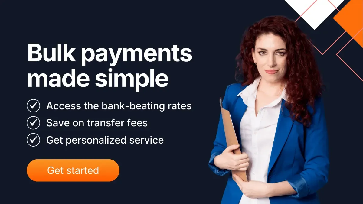 MTFX banner promoting simplified bulk international payments with competitive exchange rates, low transfer fees, and personalized FX support for businesses.