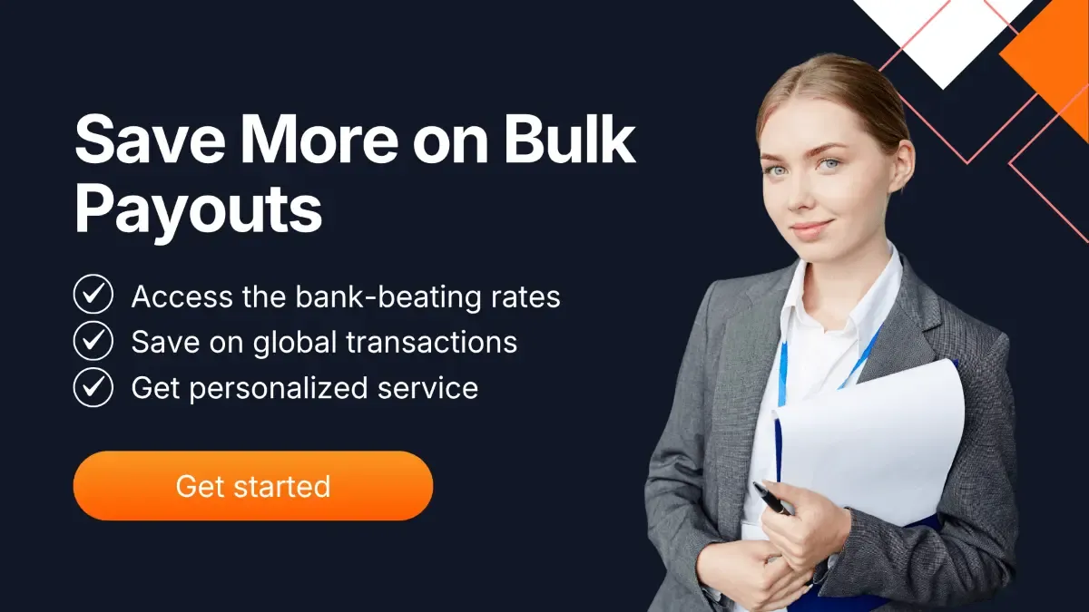 Businesswoman holding documents next to a banner that reads “Save More on Bulk Payouts,” highlighting MTFX’s competitive FX rates, global transaction savings, and personalized service for mass payments.