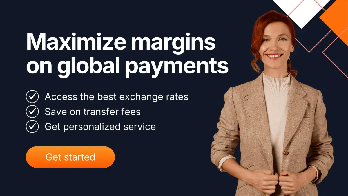 Banner featuring a smiling businesswoman with bold text highlighting that MTFX helps businesses get maximize margins with low FX fees, competitive exchange rates, and personalized foreign exchange services.