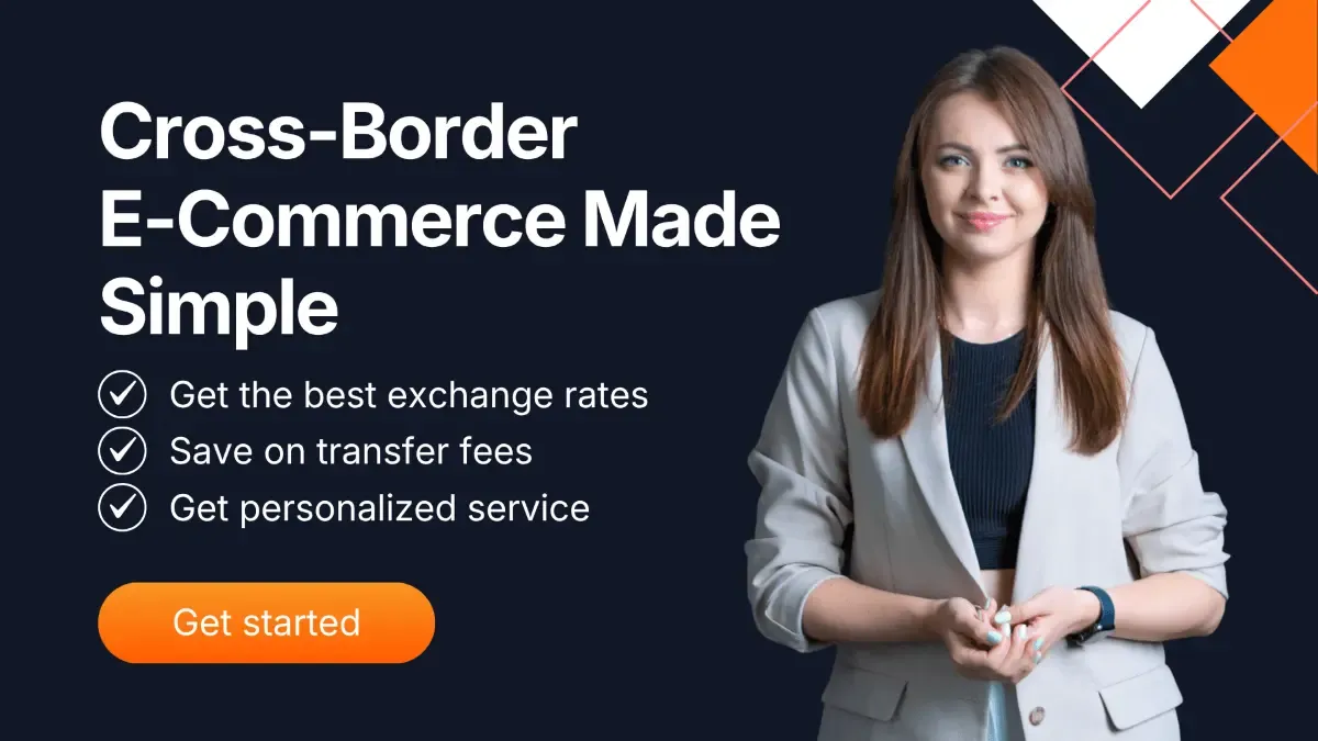Banner showing a confident businesswoman beside the text, listing benefits of choosing MTFX. MTFX provides advanced FX solutions for Canadian e-commerce businesses to streamline global payments and reduce currency conversion costs.
