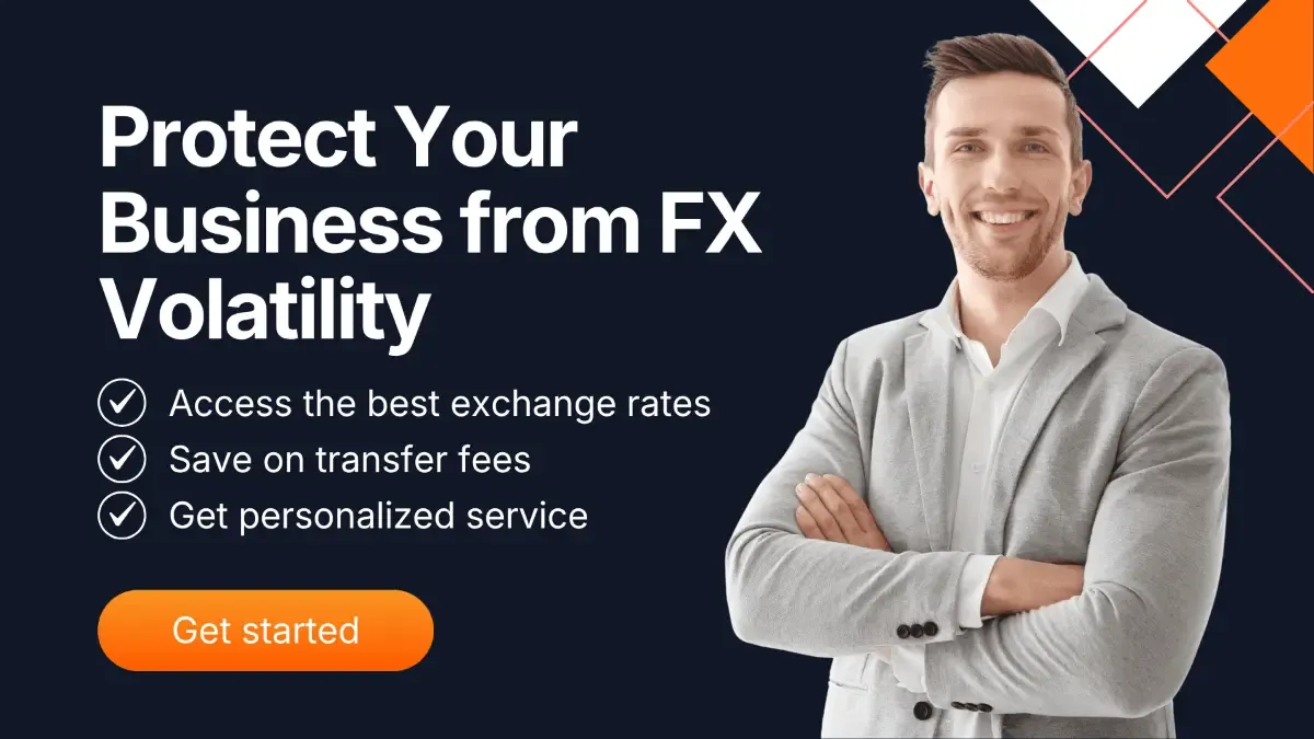 Smiling business professional beside banner promoting protection from FX volatility, highlighting how MTFX supports Canadian businesses with tailored foreign exchange solutions, competitive rates, and personalised global payment services.