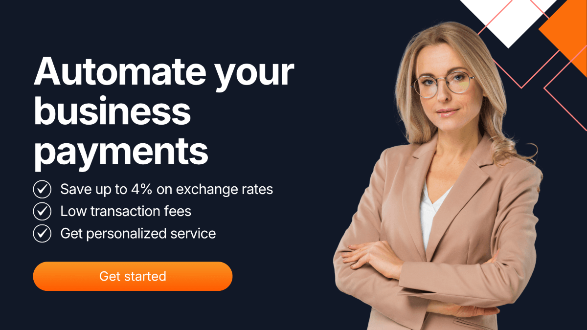 Banner with bold text “Automate your business payments,” featuring a confident businesswoman and checklist of benefits like saving on exchange rates and low fees; promotes MTFX’s FX-optimised automation solutions for secure, cost-effective global payments.