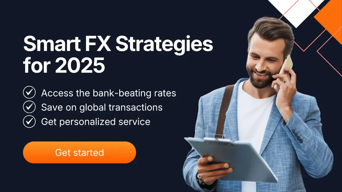 Smiling man on a phone call holding a tablet beside text promoting smart FX strategies for 2025, reinforcing MTFX’s commitment to helping businesses reduce costs, access better rates, and build tailored foreign exchange strategies for global growth.