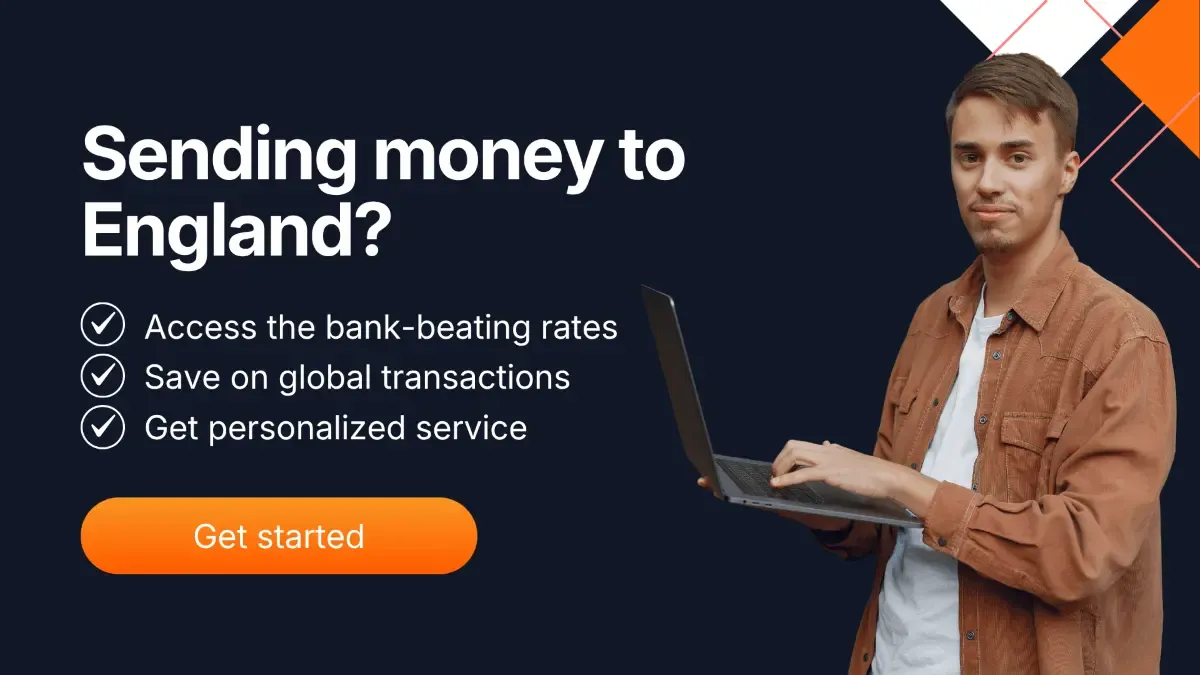 Young man holding a laptop beside text asking “Sending money to England?” with a call-to-action button, reinforcing MTFX’s FX solution that helps Canadians transfer funds to the UK with better rates, lower fees, and personalized international payment support.