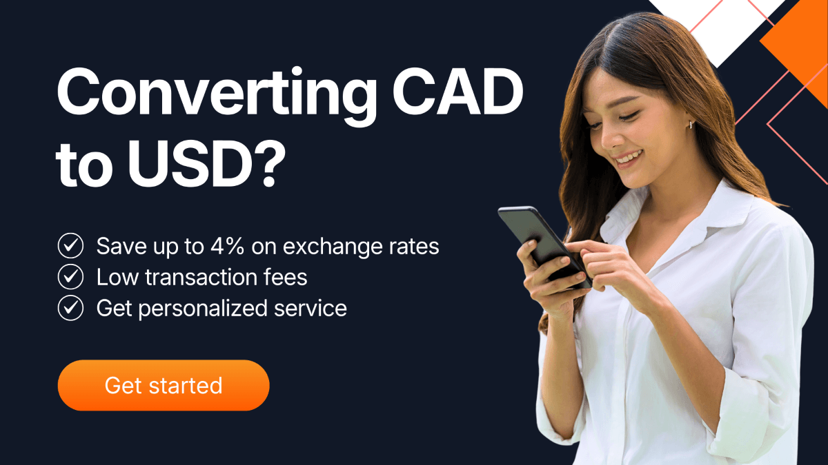 Woman smiling while using her phone beside text promoting CAD to USD conversion with MTFX, highlighting up to 4% savings on exchange rates, low transaction fees, and personalized service, with an orange “Get started” button.