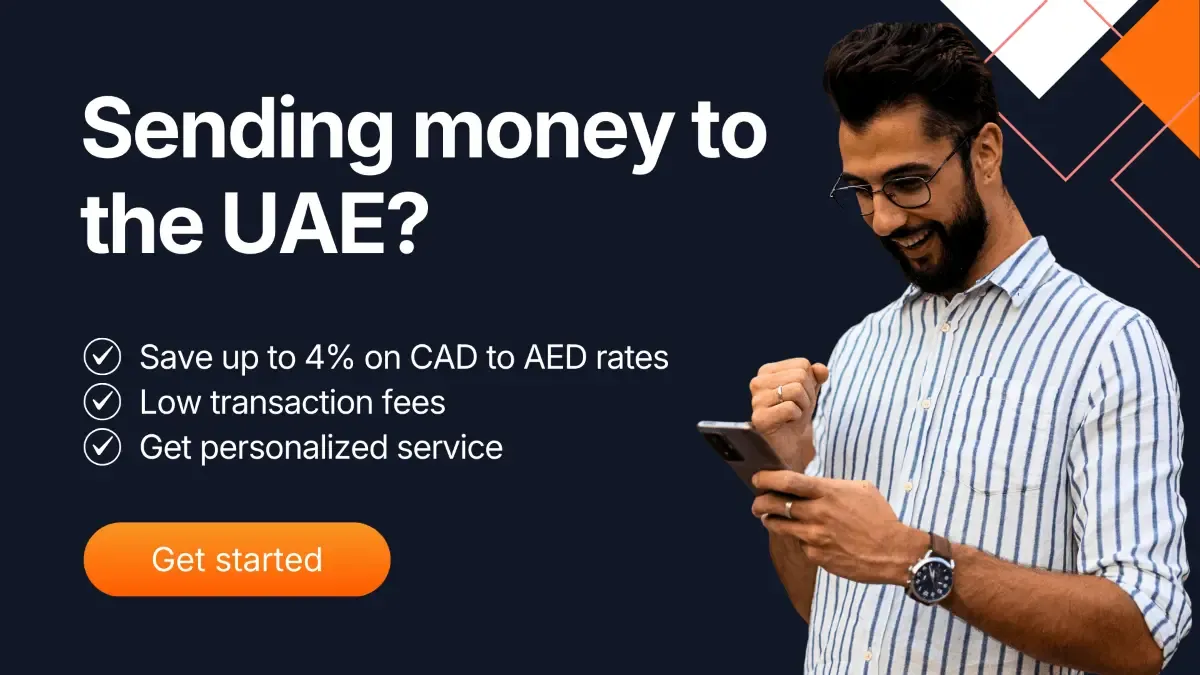 Man smiling at his phone beside text about sending money from Canada to the UAE, highlighting CAD to AED savings, low transfer fees, and personalized service with MTFX.