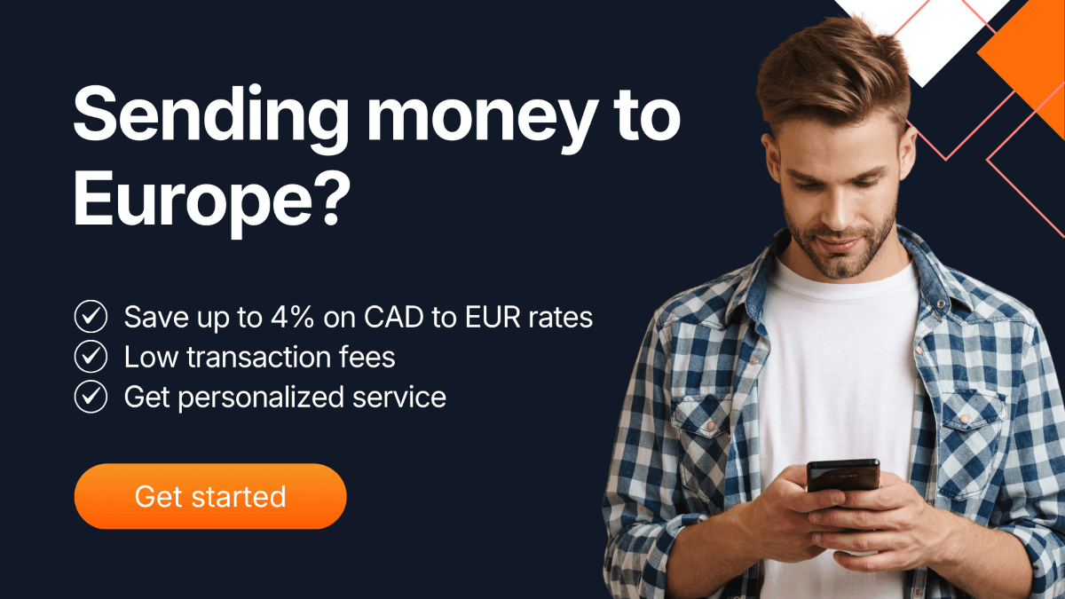 Man using smartphone with MTFX banner highlighting benefits of sending money to Europe — save up to 4% on CAD to EUR, low fees, and personalized service.