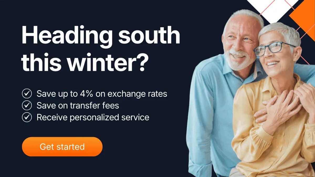 Promotional banner featuring an older Canadian couple smiling together, with bold text reading and bullet points highlighting savings on exchange rates with MTFX.