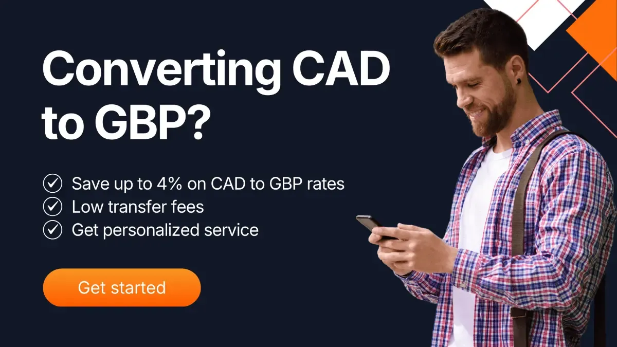 Man using smartphone with banner text: Converting CAD to GBP? Save up to 4% on exchange rates, enjoy low transfer fees, and get personalized service with MTFX.