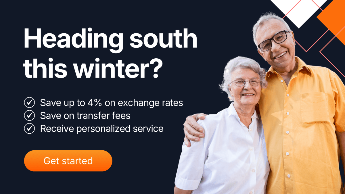 Smiling senior couple dressed casually, standing together against a dark background with text promoting MTFX savings for Canadian snowbirds: save up to 4% on exchange rates, save on transfer fees, and receive personalized service, with an orange 'Get started' button.