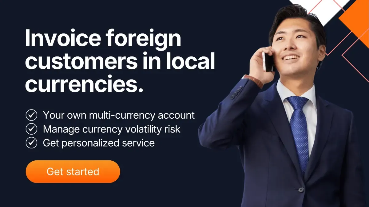 Confident businessman in a suit smiling while talking on his phone, with text promoting MTFX solutions to invoice foreign customers in local currencies, featuring benefits like multi-currency accounts, managing currency volatility, and personalized service, alongside an orange 'Get started' button.