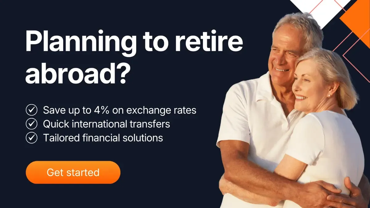 Smiling senior couple embracing outdoors, with text promoting MTFX retirement solutions for Canadians planning to retire abroad, highlighting savings of up to 4% on exchange rates, quick international transfers, and tailored financial solutions, alongside an orange 'Get started' button.
