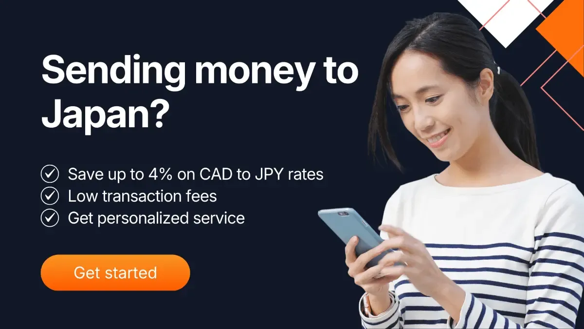 Promotional graphic of a woman using her phone with text “Sending money to Japan? Save up to 4% on CAD to JPY rates, low fees, personalized service” and orange CTA button.
