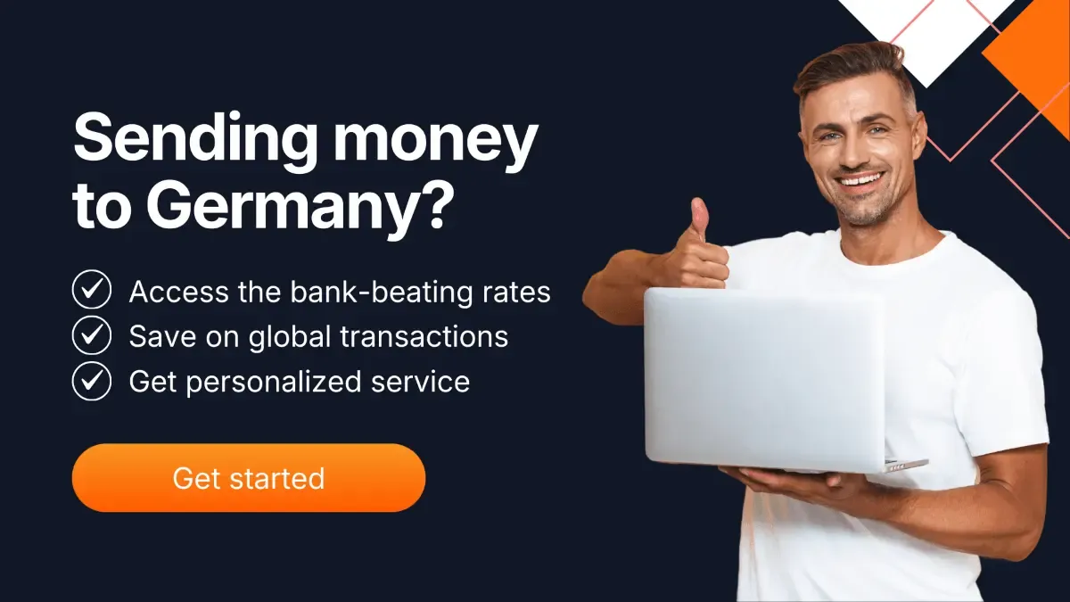 Banner showing a man holding a laptop and giving a thumbs up with the text “Sending money to Germany? Access bank-beating rates, save on global transactions, get personalized service. Get started.” Designed to promote affordable CAD to EUR transfers and competitive FX services with MTFX.
