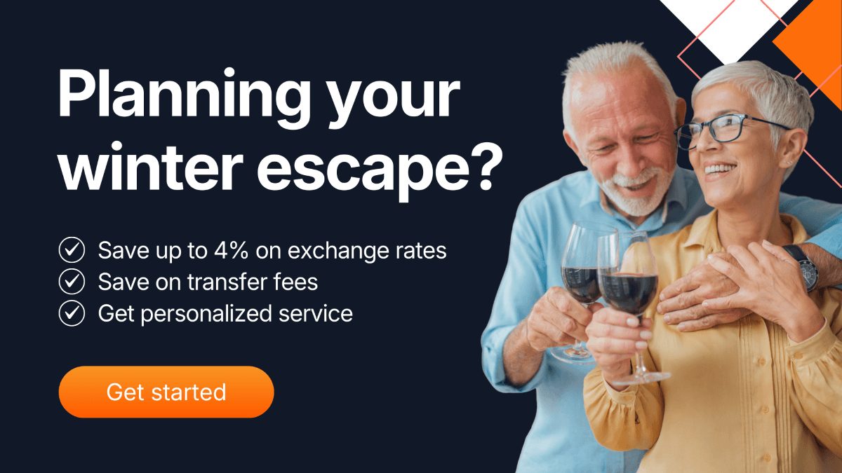 Promotional banner encouraging travellers to plan their winter escape with tips to save on exchange rates and transfer fees, featuring a smiling couple holding wine glasses.