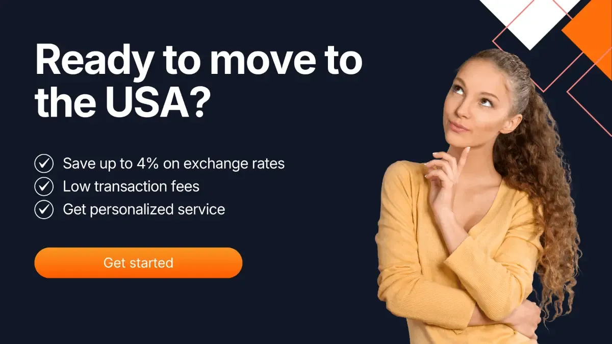 Woman thinking about moving to the USA with MTFX currency exchange benefits highlighted — save on exchange rates, low fees, and personalized service.