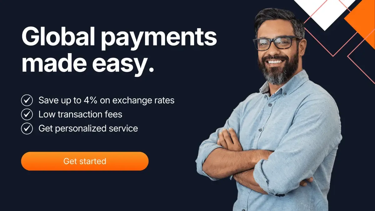 Smiling professional next to MTFX banner highlighting global payments, low fees, and better exchange rates.