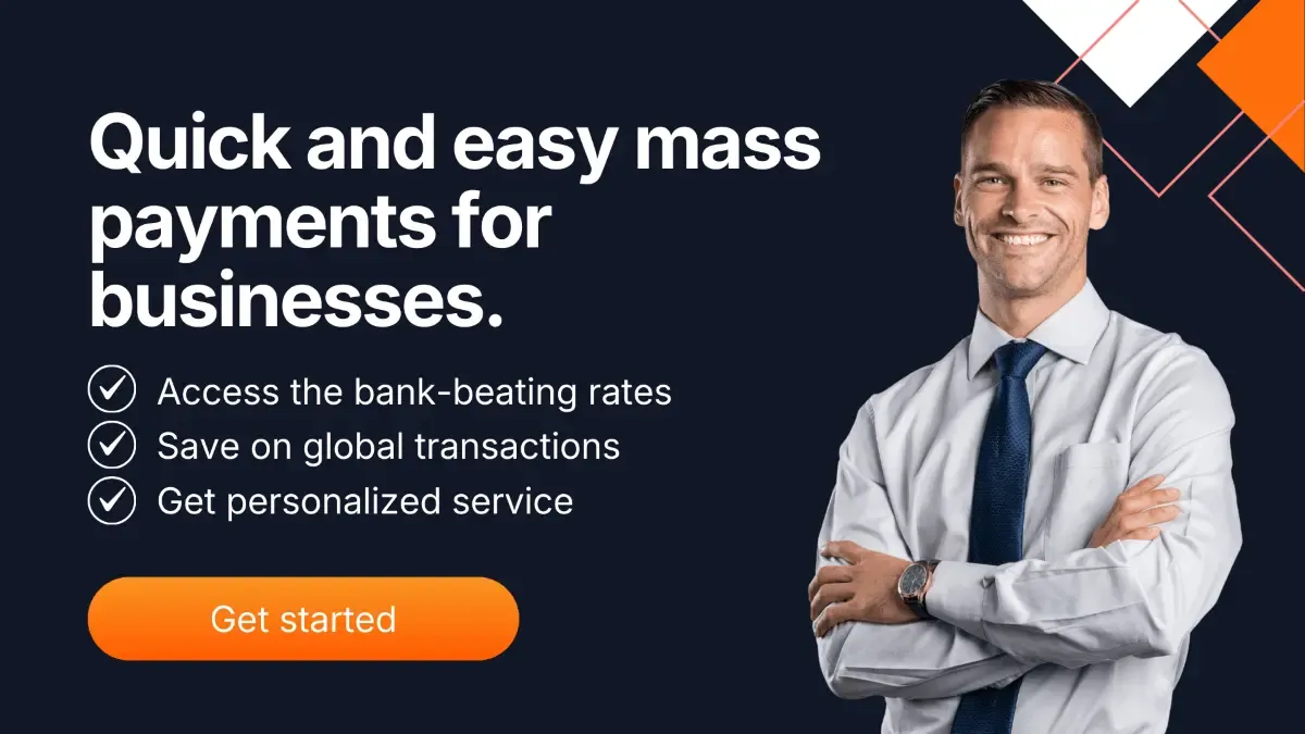 Professional showcasing MTFX solutions for quick and easy mass payments for businesses, highlighting bank-beating exchange rates and savings on global FX transactions.